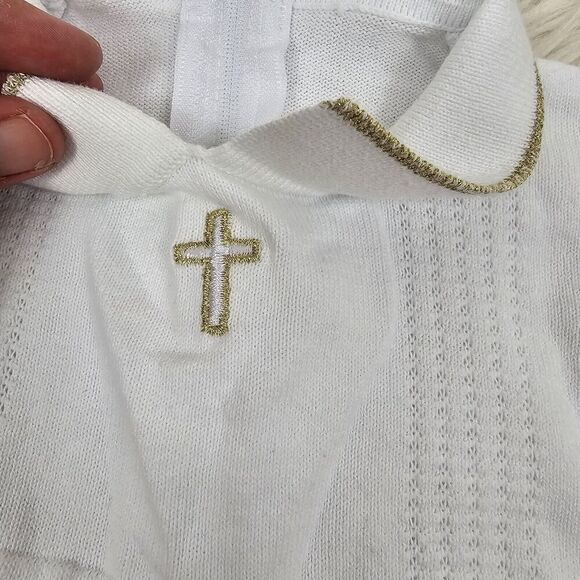 Hapiu 100% Cotton Christening Outfit Jon Jon Zip Back Romper Size 3M Cross - Picture 4 of 7